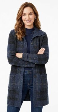 J. Jill Medium Tall sz MT Boiled Wool Blend Plaid Cardigan Coat Blue Jacket EUC